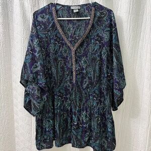 Catherines‎ Bohemian 1XWP Paisley Pleated V-Neck Embellished Tunic Top